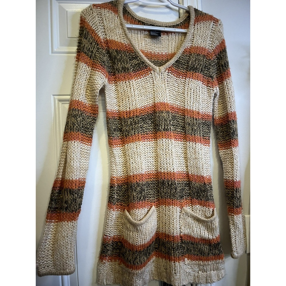 Vintage Y2K Ashley Earth Tones M Striped Knit V Neck Tunic Sweater With Pockets